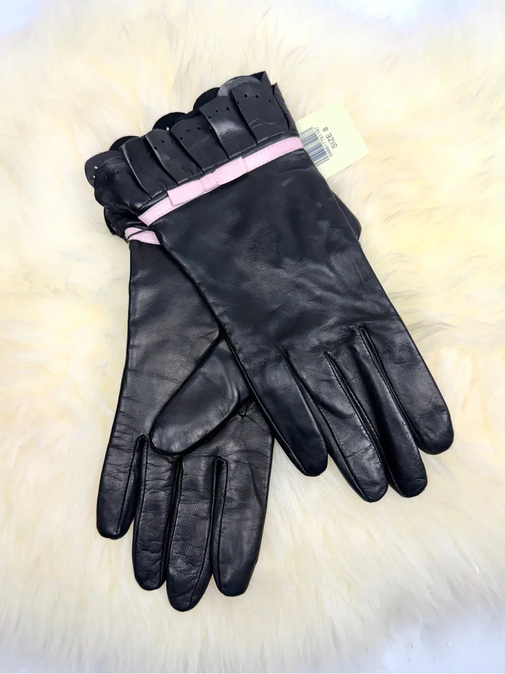 Lord & Taylor Black Leather Gloves Size 8 Pink Trim Bow Scalloped Cuff NWT Vtg